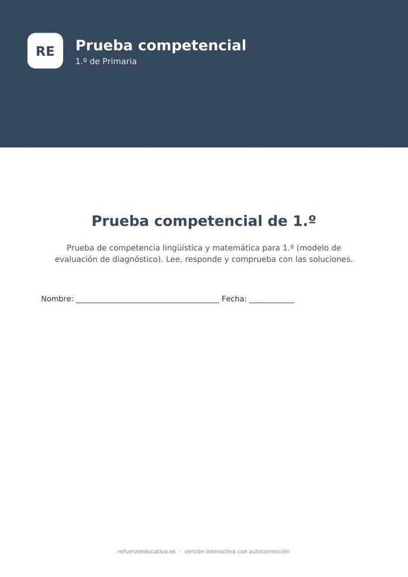 Prueba competencial de 1.º de Primaria (interactiva y autocorregible) prueba competencial 1 primaria portada