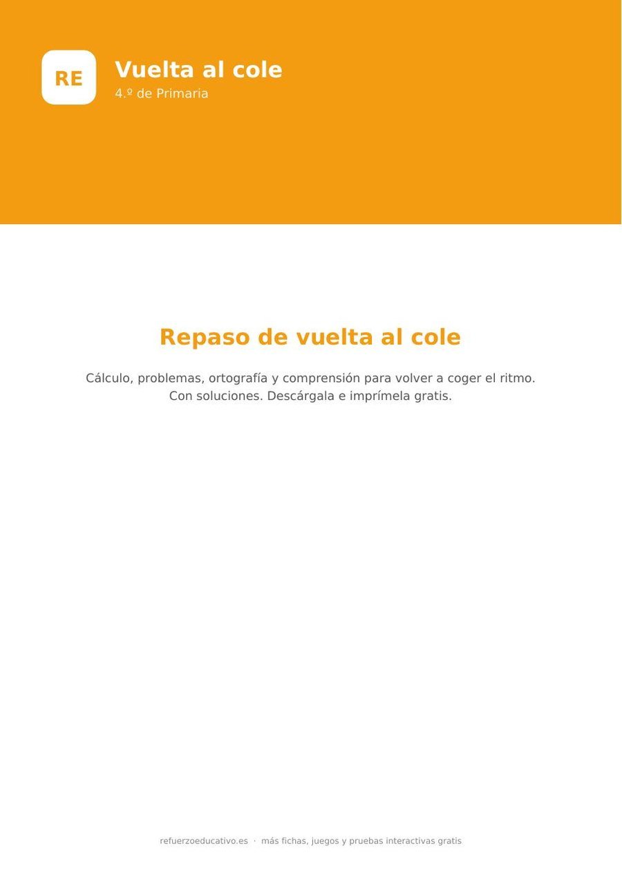 Ficha de repaso de vuelta al cole de 4.º de Primaria para imprimir