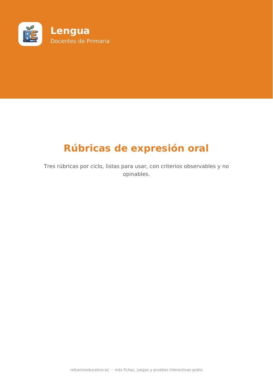 Portada de la ficha Rúbricas de expresión oral para Primaria en PDF de refuerzoeducativo.es