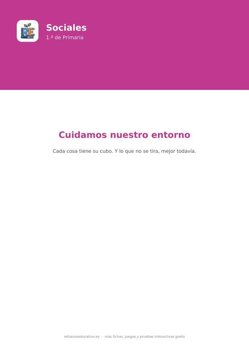 Portada de la ficha de reciclaje y cuidado del entorno para 1.º de Primaria