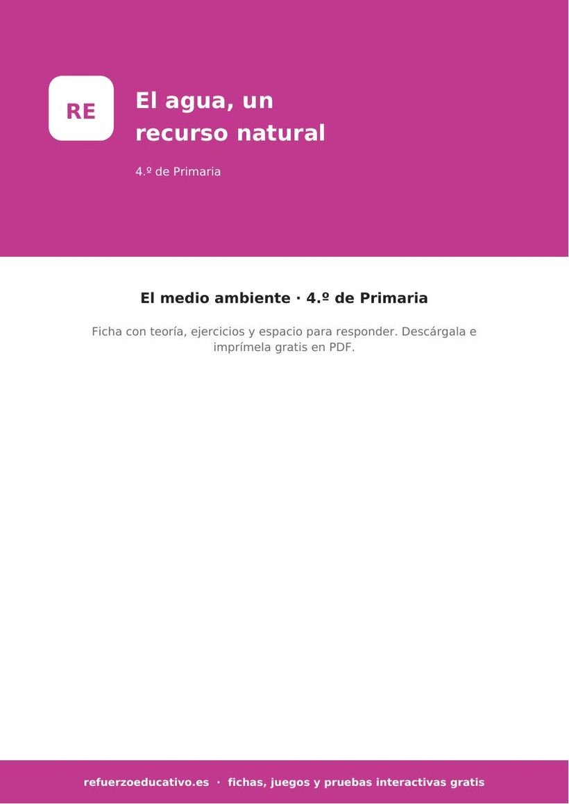 El agua, un recurso natural: ficha de Ciencias Sociales para 4.º de Primaria (PDF) sociales el agua un recurso natural 4o portada