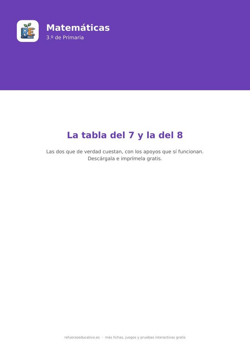 Portada de la ficha de la tabla del 7 y la del 8 para 3.º de Primaria