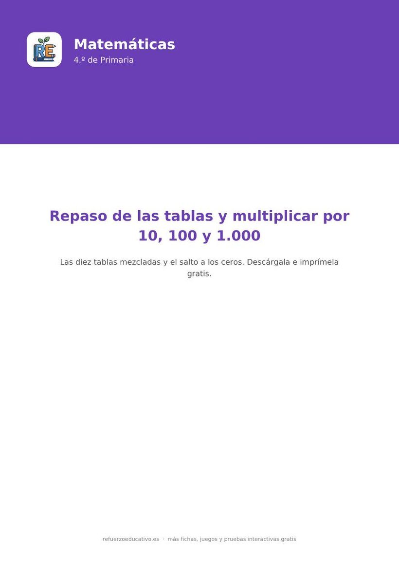Portada de la ficha de repaso de tablas y multiplicación por 10, 100 y 1.000 para 4.º de Primaria