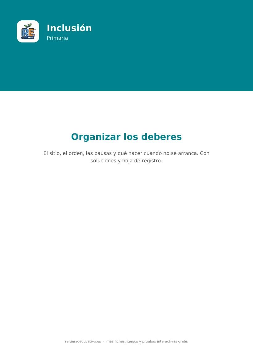Portada de la ficha Organizar los deberes, material de inclusión para alumnado con TDAH