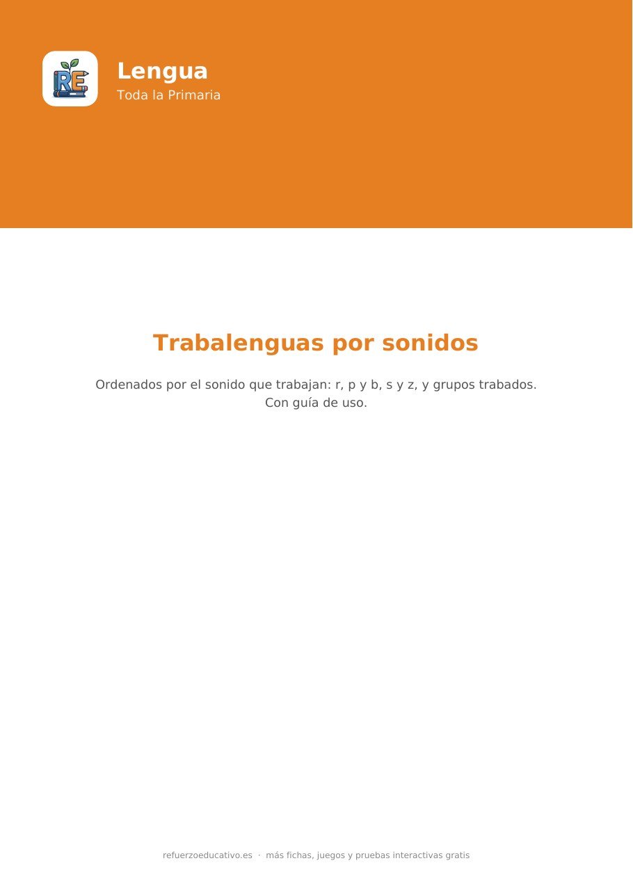 Portada de la ficha Trabalenguas para niños ordenados por sonido de refuerzoeducativo.es