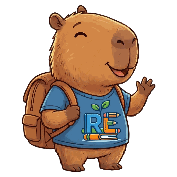Capi, la capibara de Refuerzo Educativo, saludando con su mochila