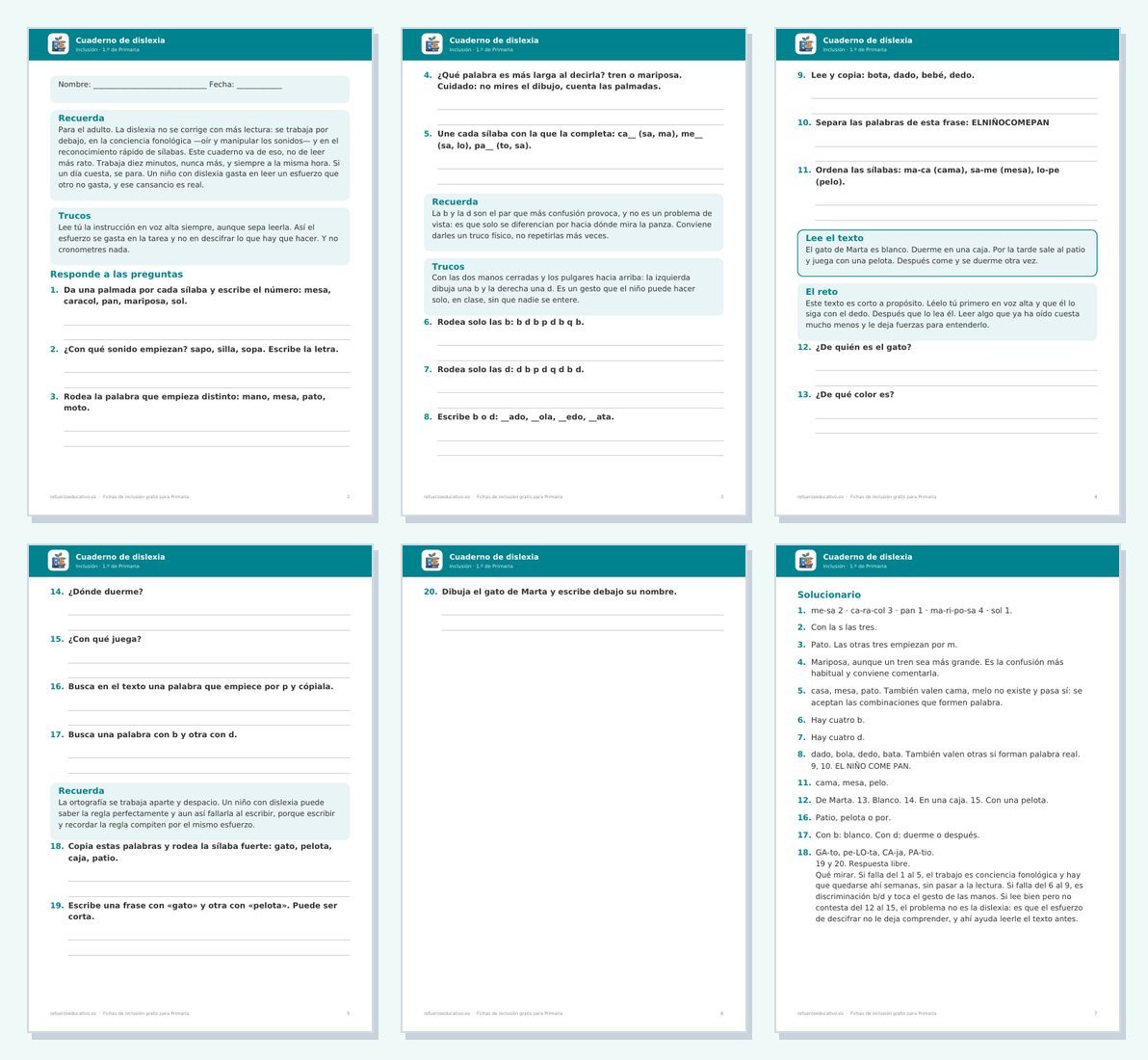 Páginas interiores del cuaderno de dislexia: actividades de sílabas, b y d, lectura corta y solucionario