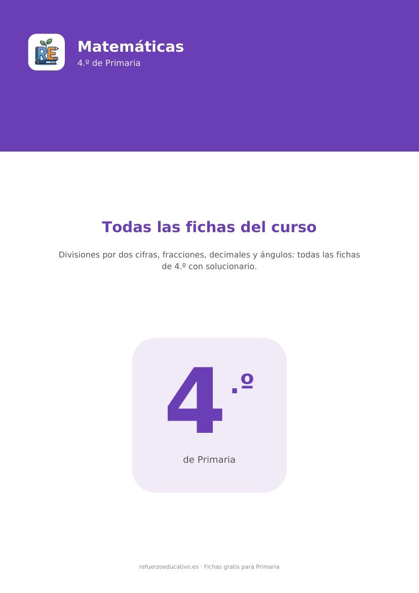 Portada de las fichas de Matemáticas de 4.º de Primaria en PDF, gratis y con solucionario