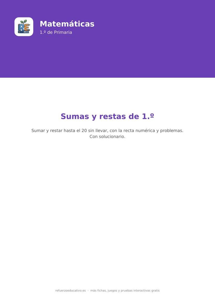 Portada de la ficha fichas sumas y restas 1 primaria