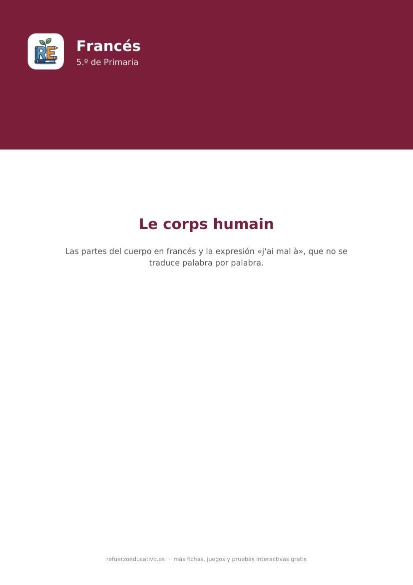 Portada de la ficha de las partes del cuerpo en francés para 5.º de Primaria, le corps humain