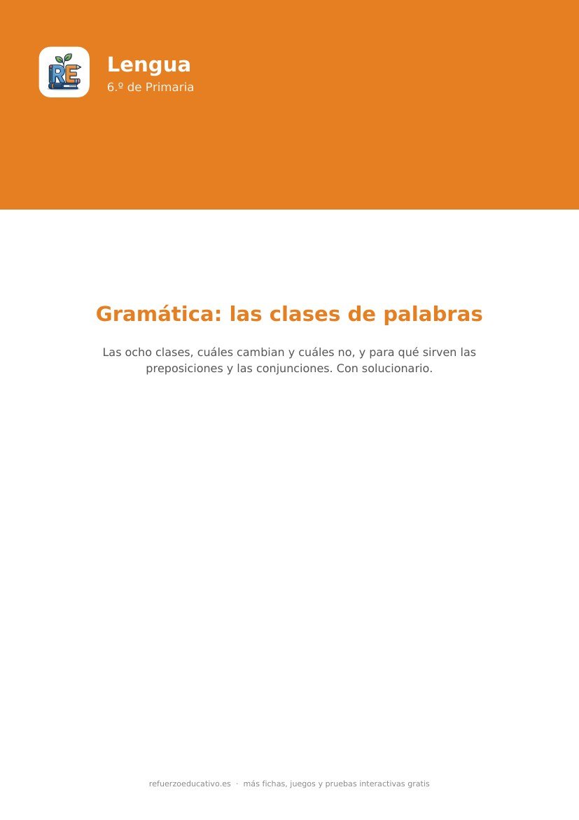 Portada de la ficha: Gramática para 6.º de Primaria: clases de palabras (con soluciones)