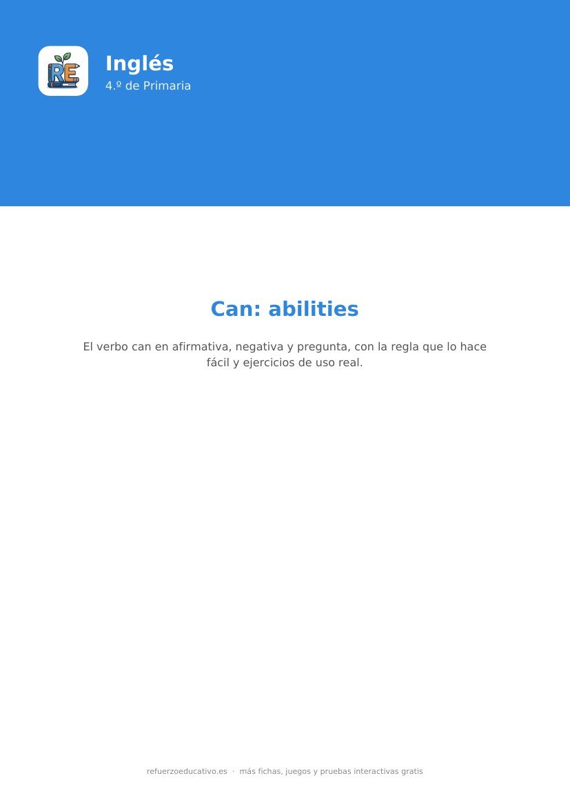 Portada de la ficha: El verbo can en inglés (abilities) — Inglés 4.º Primaria (PDF)