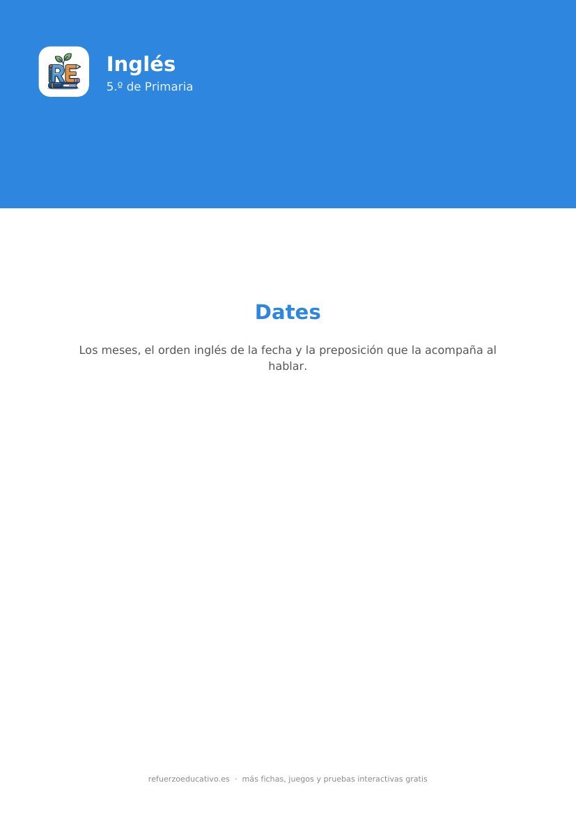 Portada de la ficha: Las fechas en inglés (dates) — Inglés 5.º Primaria (PDF)
