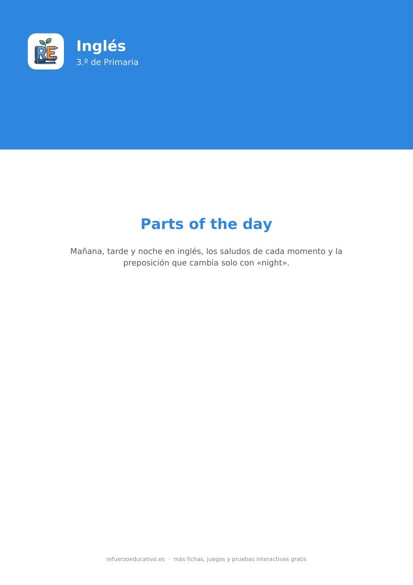 Portada de la ficha: Las partes del día en inglés (parts of the day) — Ficha 3.º Primaria (PDF)