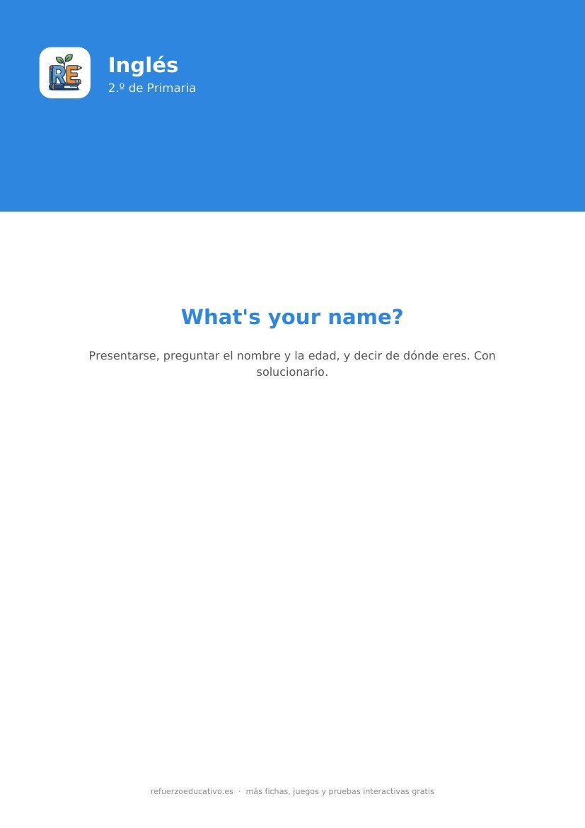 Portada de la ficha: What’s your name? en inglés — Inglés 2.º Primaria (PDF)