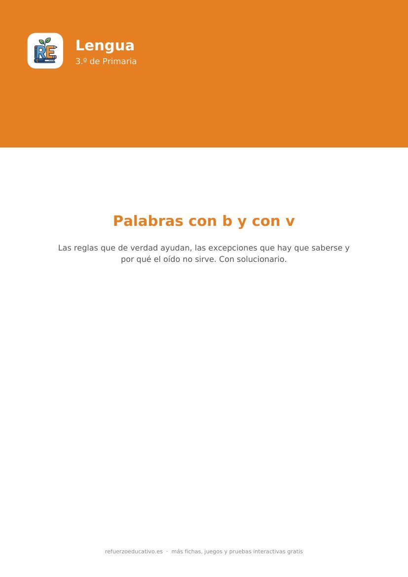 Portada de la ficha: Las palabras con b y v — Lengua 3.º Primaria (PDF)