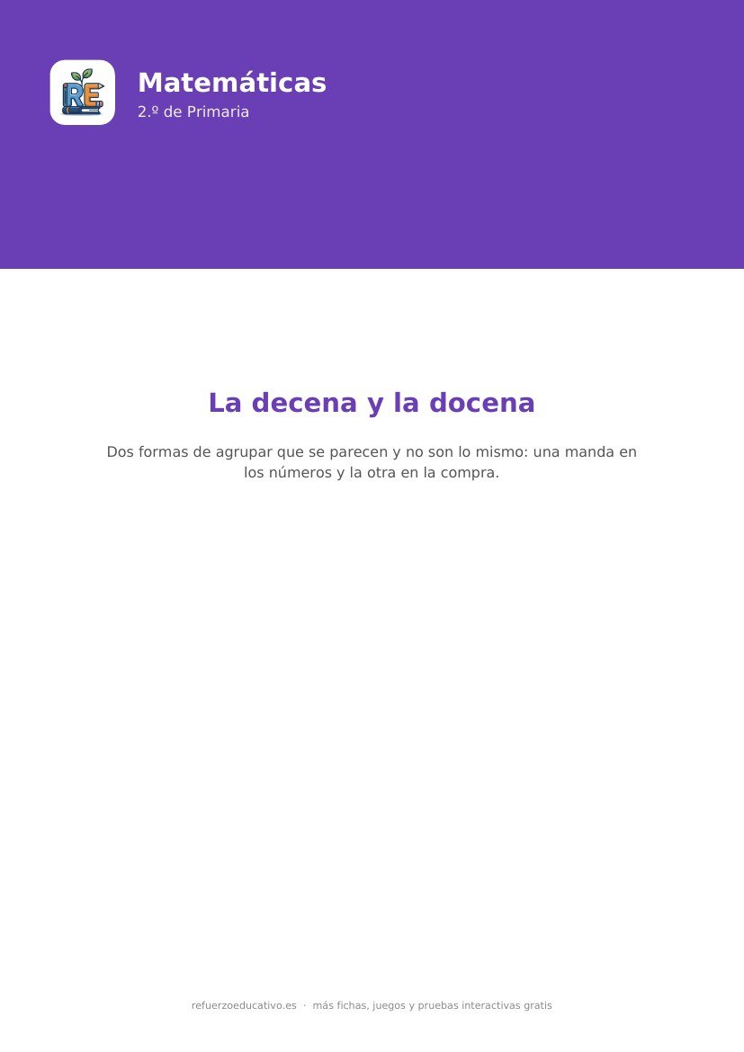 Portada de la ficha: La decena y la docena — Matemáticas 2.º Primaria (PDF)