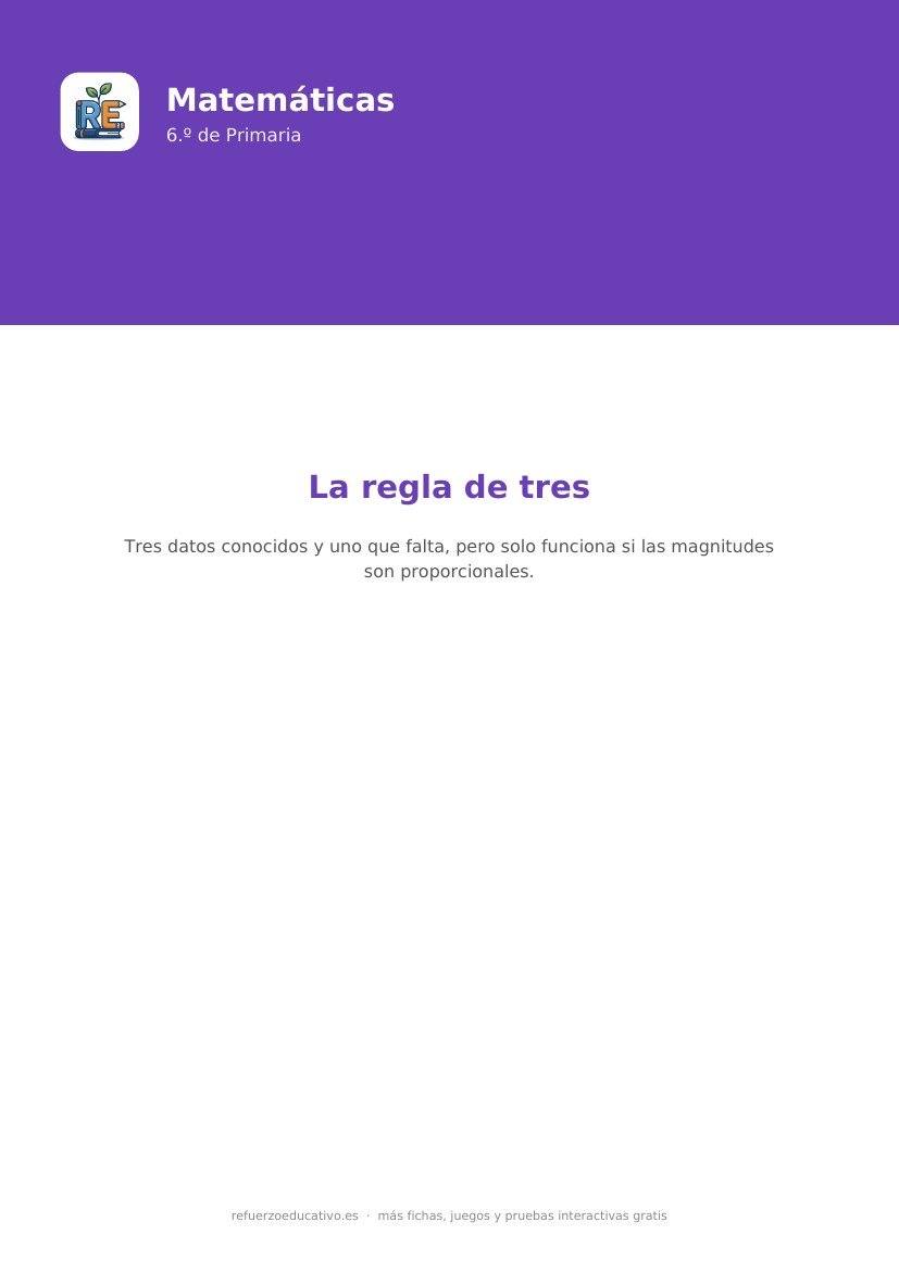 Portada de la ficha: La regla de tres — Matemáticas 6.º Primaria (PDF)