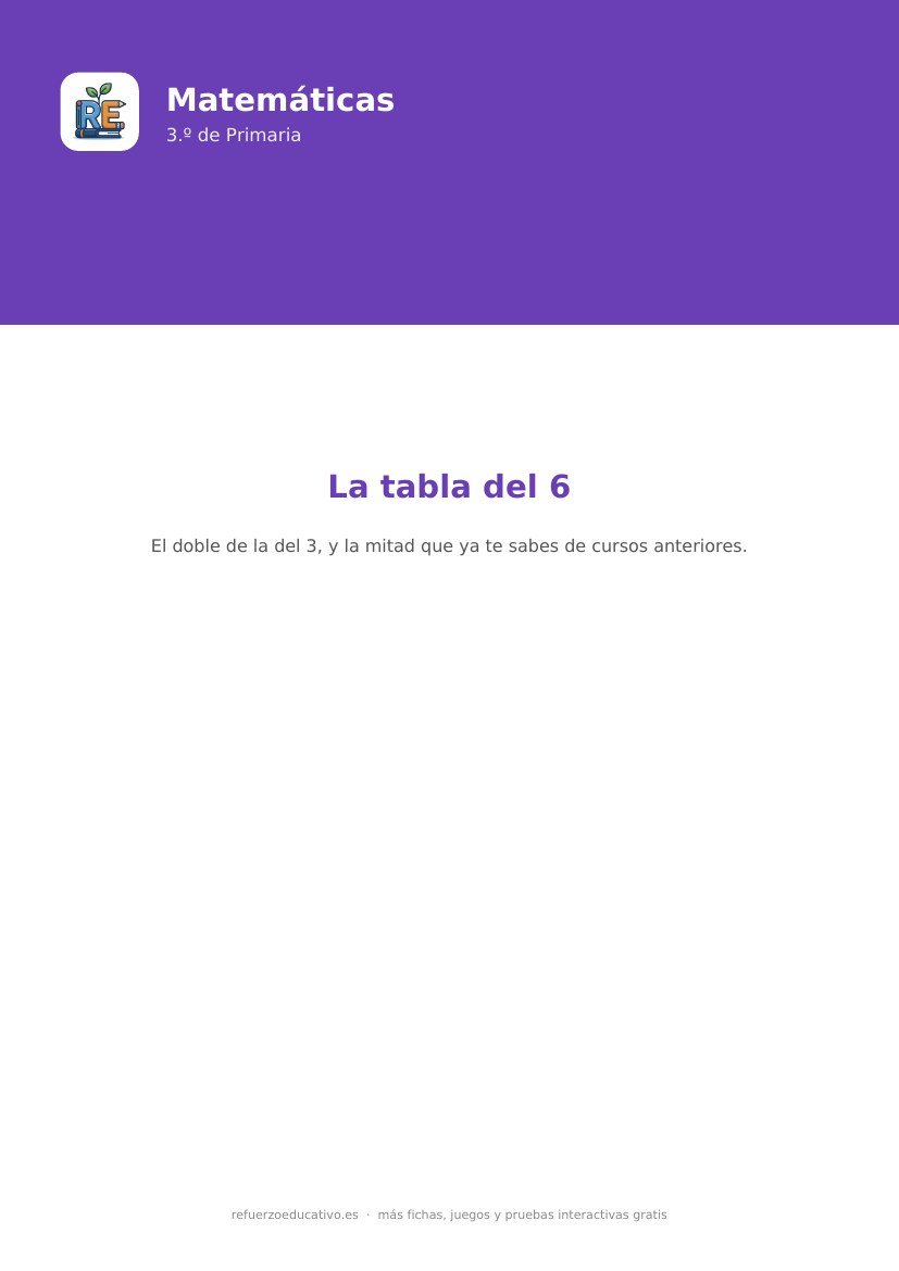 Portada de la ficha: La tabla del 6 — Matemáticas 3.º Primaria (PDF)