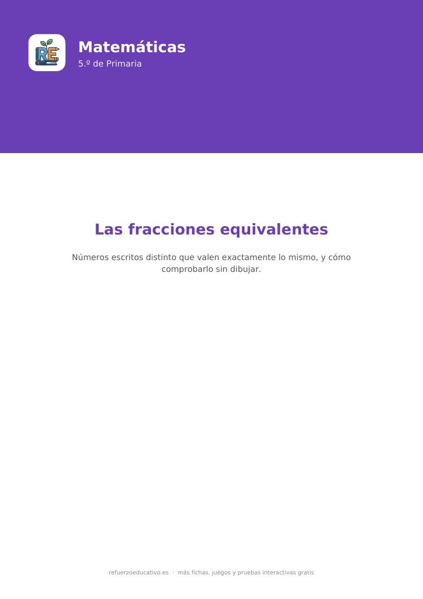 Portada de la ficha: Las fracciones equivalentes — Matemáticas 5.º Primaria (PDF)