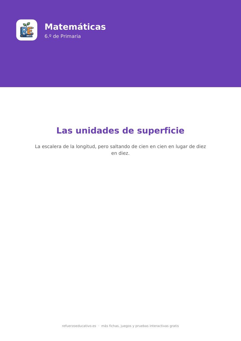 Portada de la ficha: Las unidades de superficie — Matemáticas 6.º Primaria (PDF)