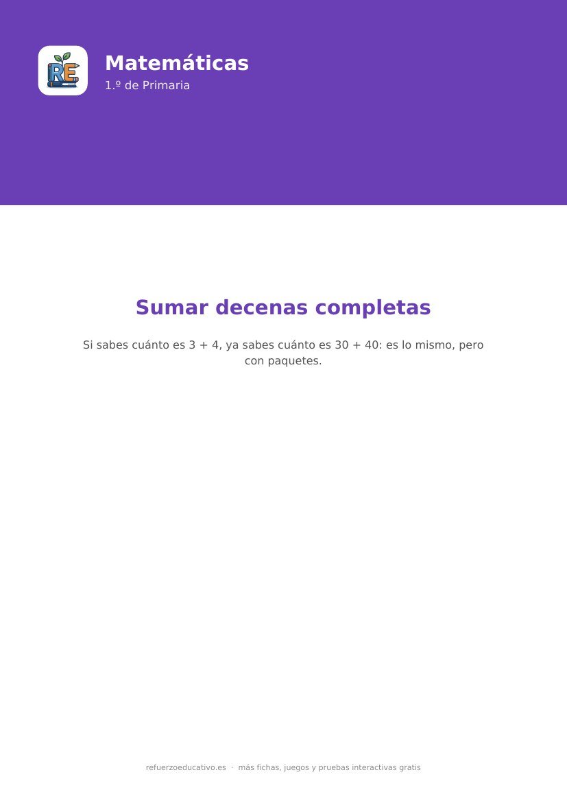 Portada de la ficha: Sumar decenas completas — Matemáticas 1.º Primaria (PDF)