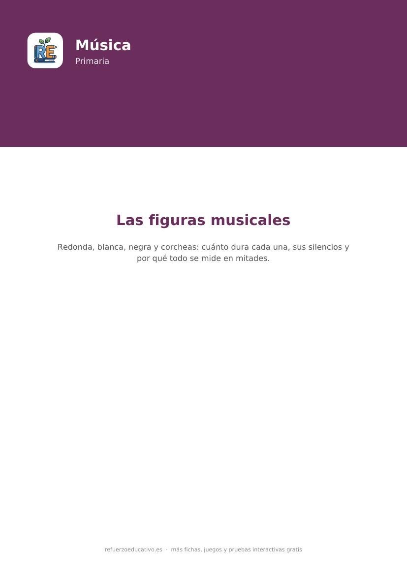 Portada de la ficha de las figuras musicales para Primaria: redonda, blanca, negra y corchea