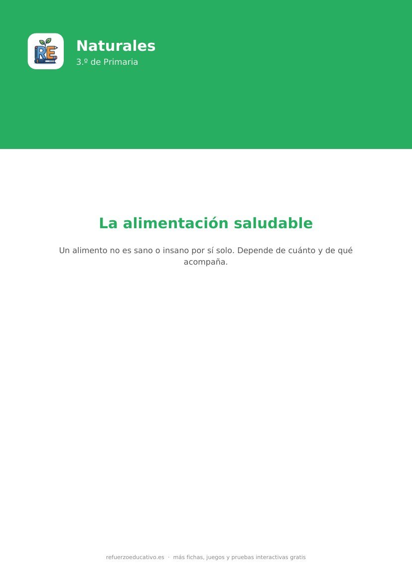 Portada de la ficha: La alimentación saludable — Naturales 3.º Primaria (PDF)