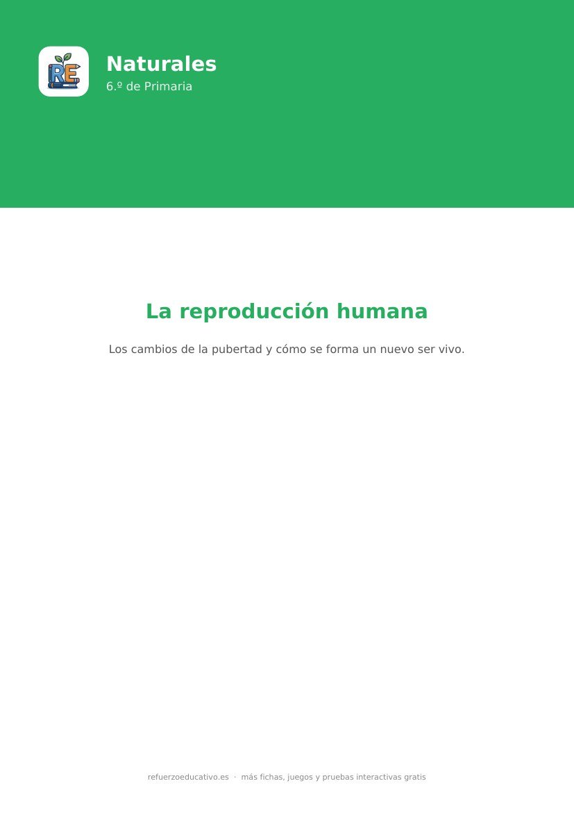 Portada de la ficha: La reproducción humana — Naturales 6.º Primaria (PDF)