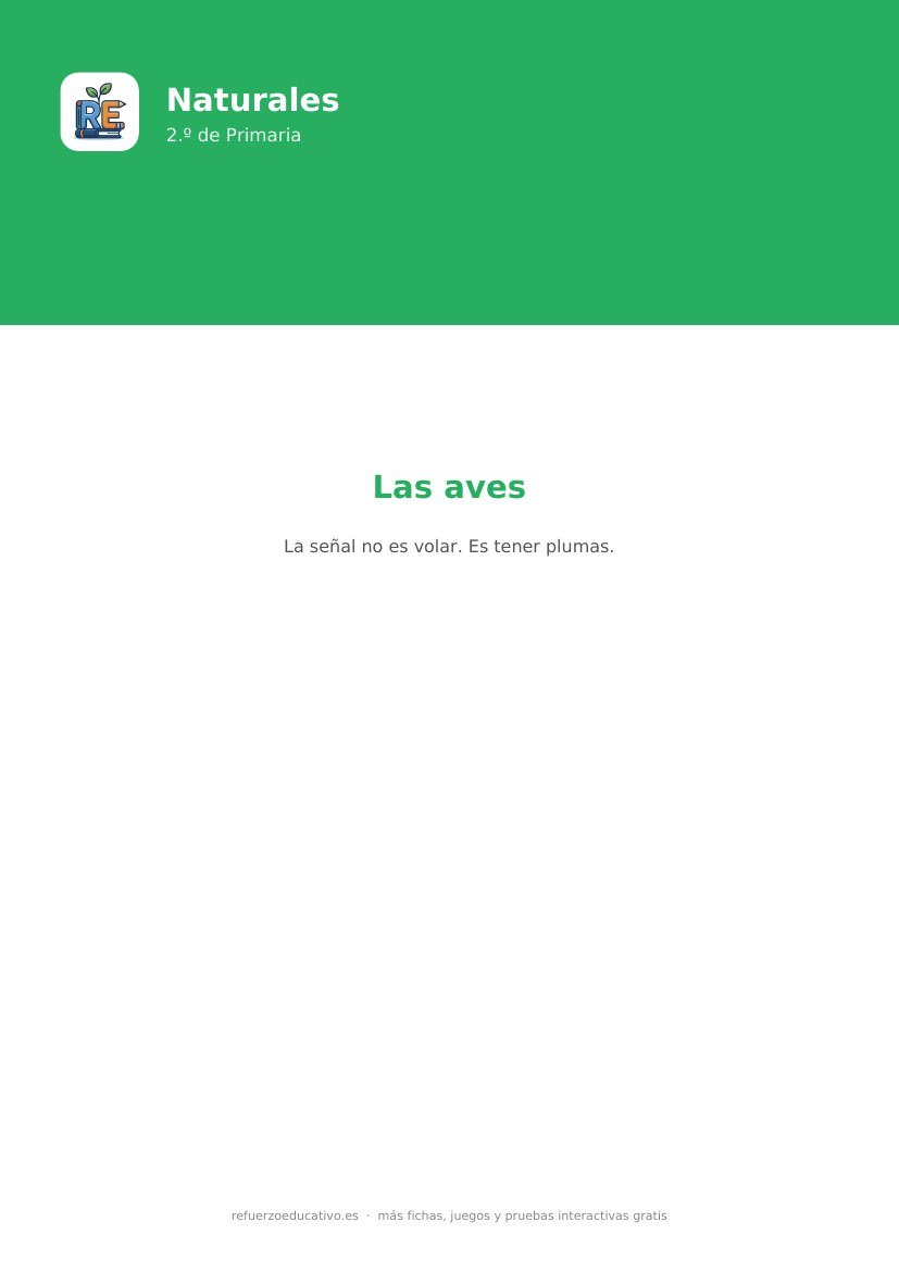 Portada de la ficha: Las aves — Naturales 2.º Primaria (PDF)