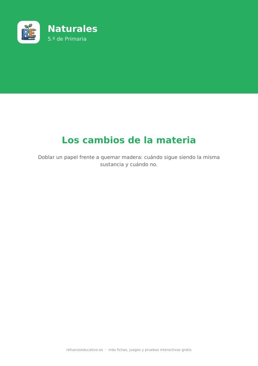 Portada de la ficha: Los cambios de la materia — Naturales 5.º Primaria (PDF)