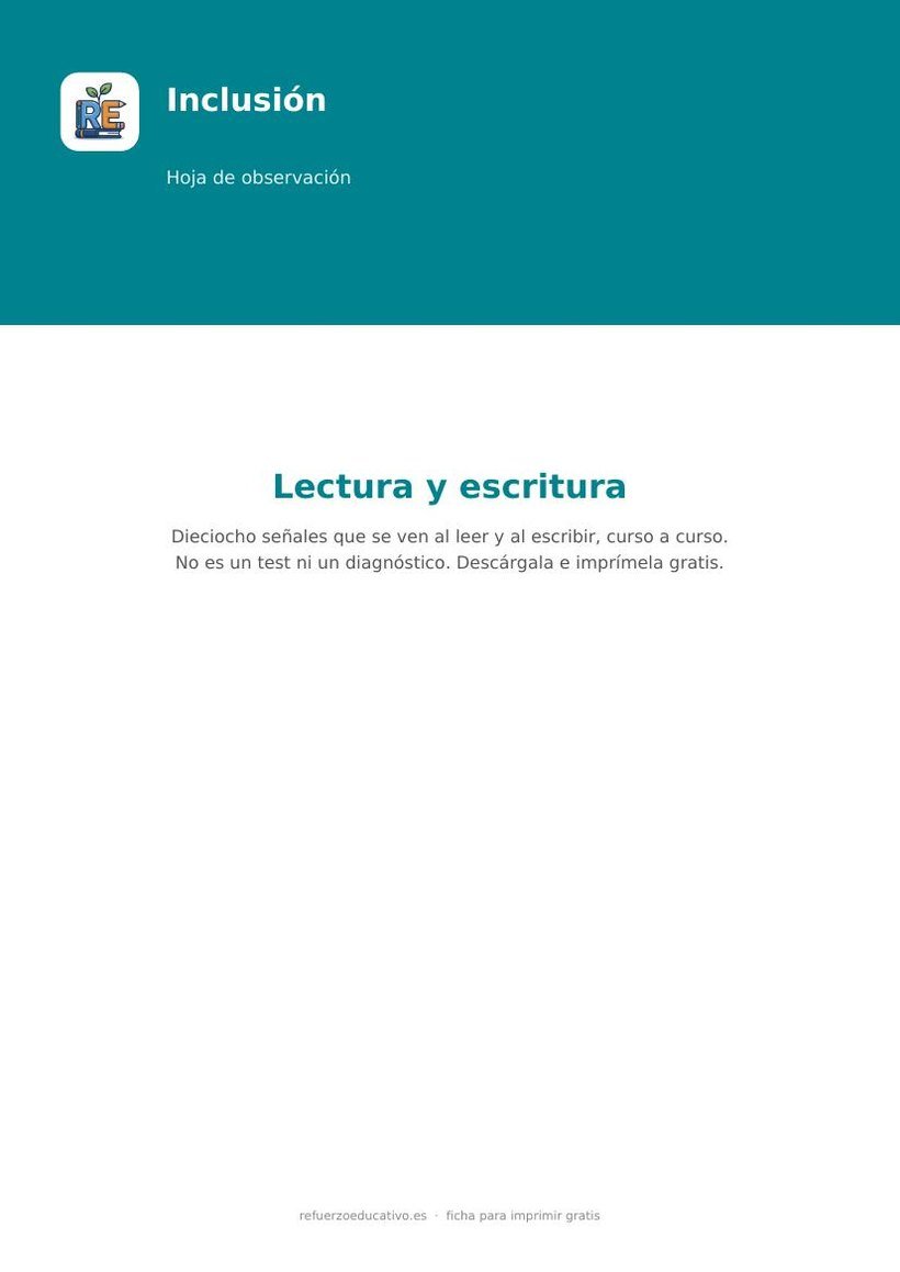 Portada de la ficha: Hoja de observación de lectura y escritura