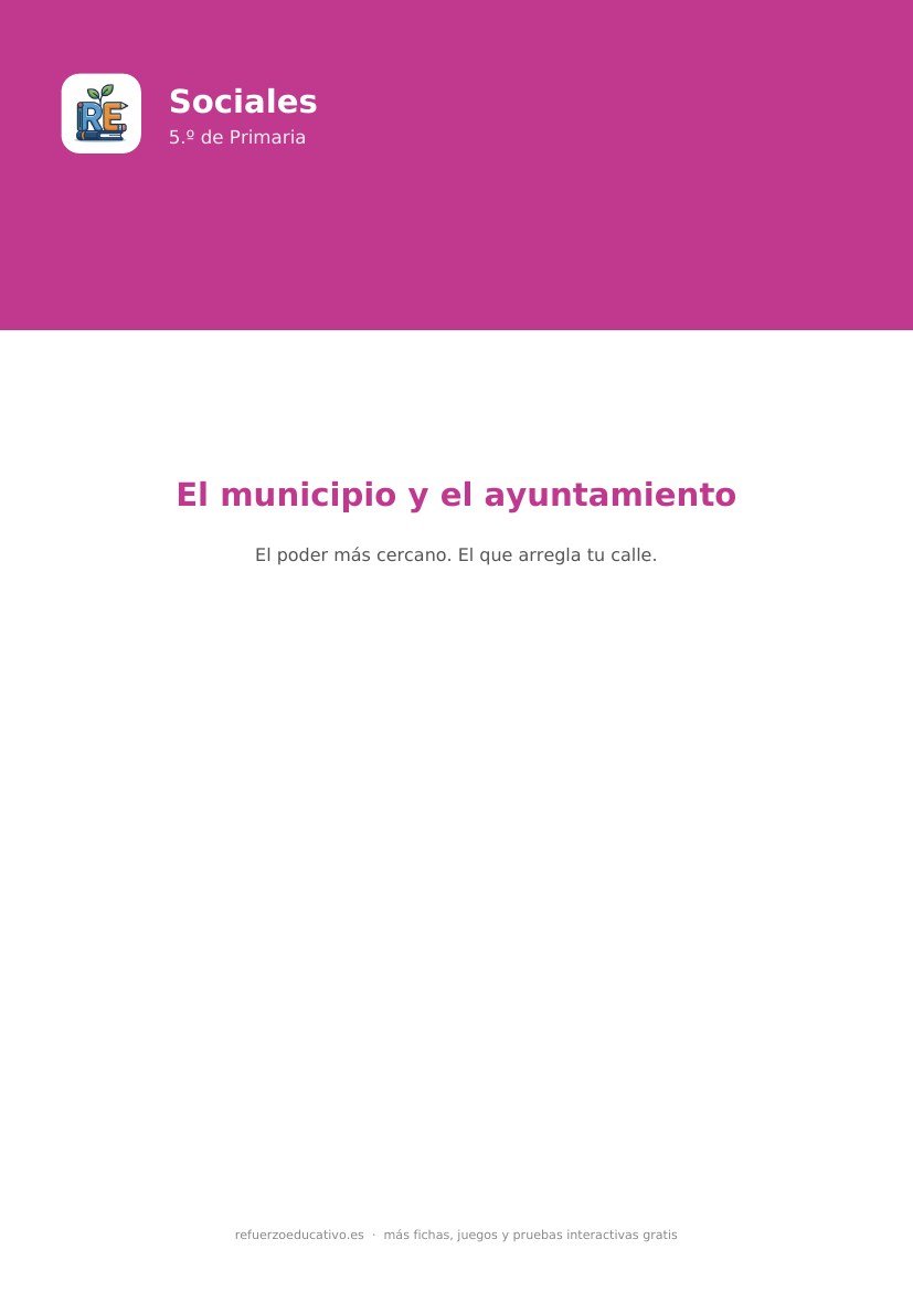 Portada de la ficha: El municipio y el ayuntamiento — Sociales 5.º Primaria (PDF)