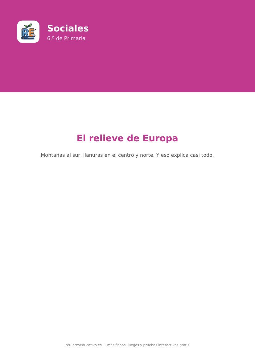 Portada de la ficha: El relieve de Europa — Sociales 6.º Primaria (PDF)