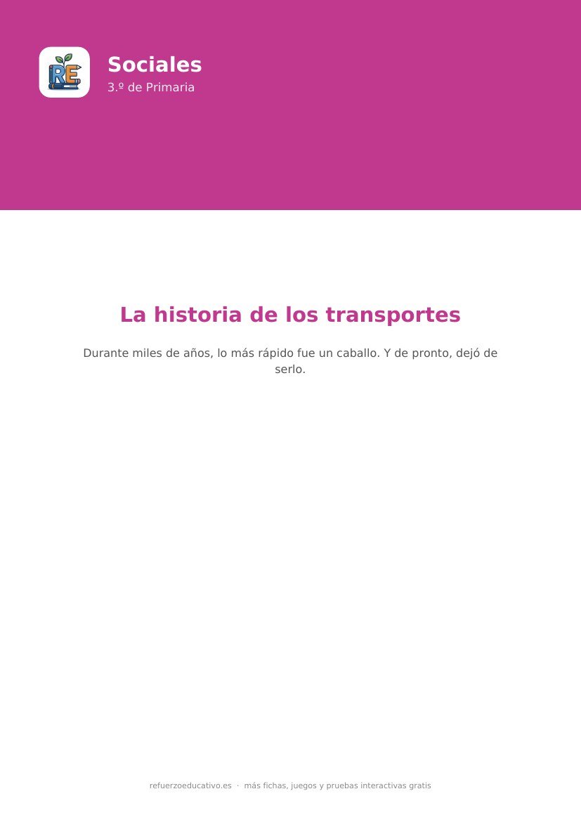 Portada de la ficha: La historia de los transportes — Sociales 3.º Primaria (PDF)