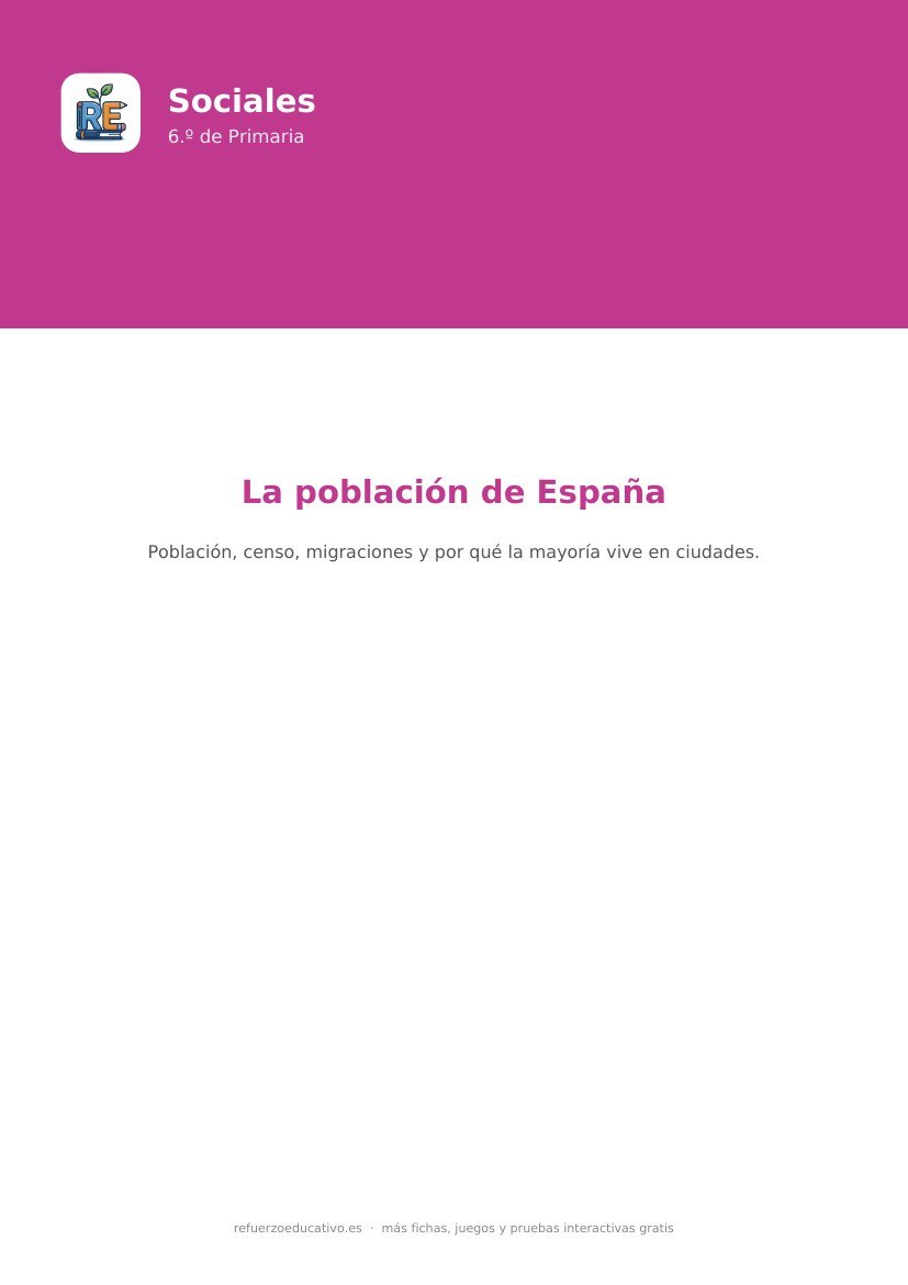 Portada de la ficha: La población de España — Sociales 6.º Primaria (PDF)