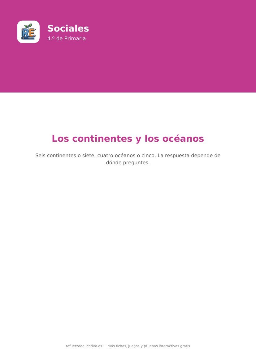 Portada de la ficha: Los continentes y océanos — Sociales 4.º Primaria (PDF)