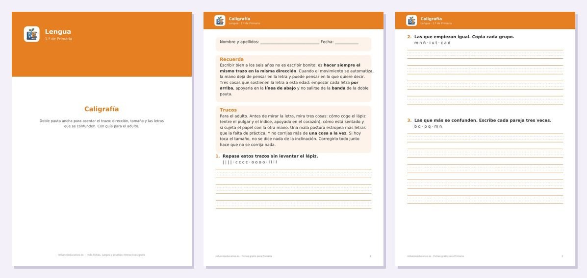 Vista previa de «Caligrafía 1.º de Primaria: fichas en PDF con pauta Montessori»: portada y dos páginas interiores del PDF
