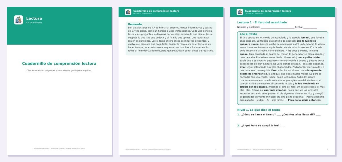 Vista previa de «Cuadernillo de comprensión lectora de 4.º de Primaria en PDF»: portada y dos páginas interiores del PDF