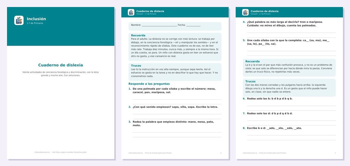 Vista previa de «Cuaderno de dislexia: veinte actividades para Primaria»: portada y dos páginas interiores del PDF