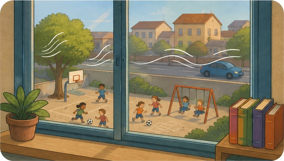 Desde la ventana se ve el patio de los pequeños