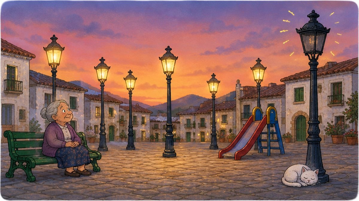 La plaza al atardecer: seis faroles encendidos y el séptimo apagado