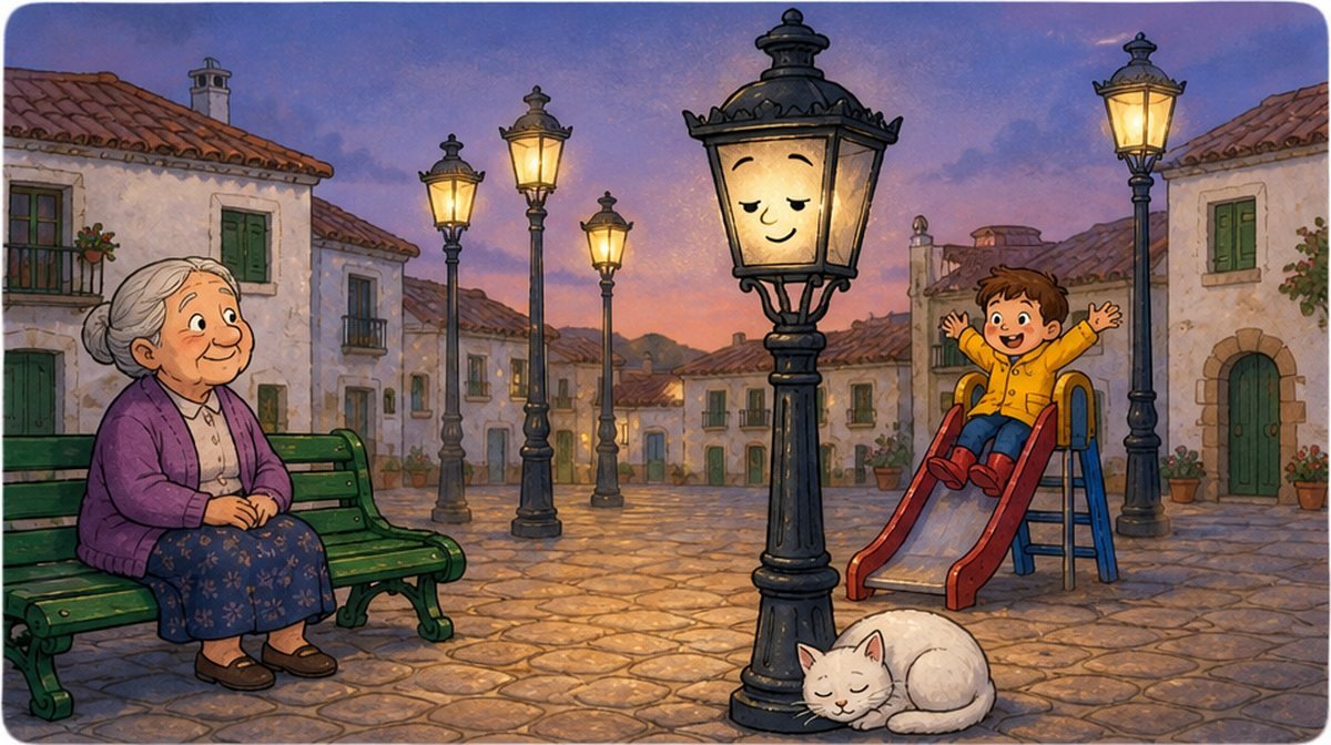 El séptimo farol mira al gato, a la señora del banco y al niño del tobogán