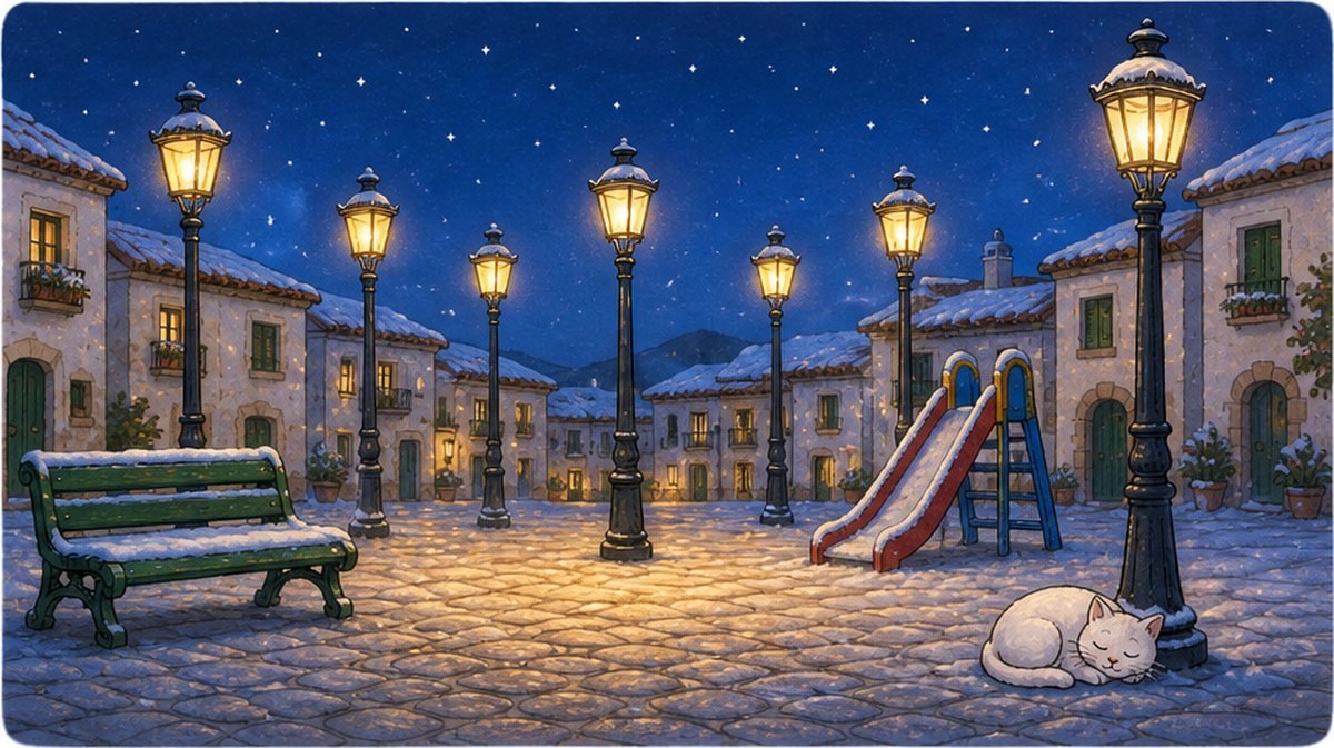 La plaza de noche con los siete faroles encendidos