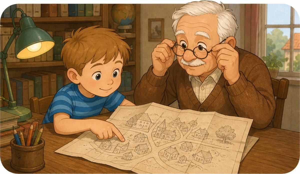 Hugo y su abuelo miran el mapa dibujado a mano