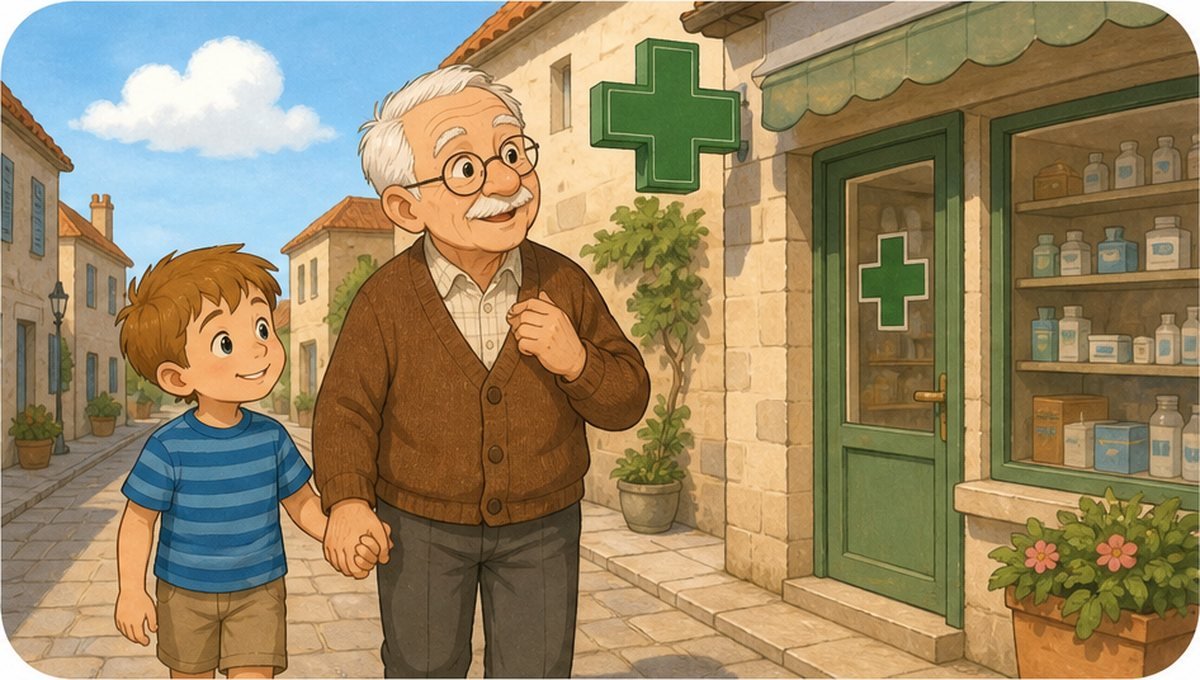 Hugo y su abuelo delante de la farmacia que antes era panadería