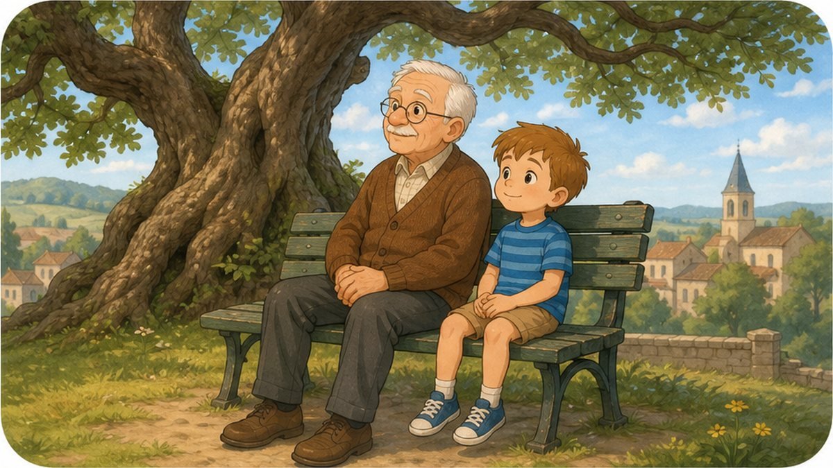 El abuelo y Hugo sentados bajo el árbol torcido
