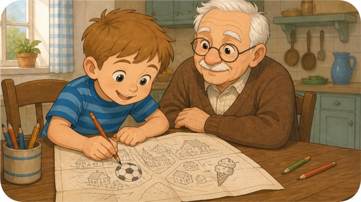 Hugo dibuja en el mapa mientras el abuelo sonríe