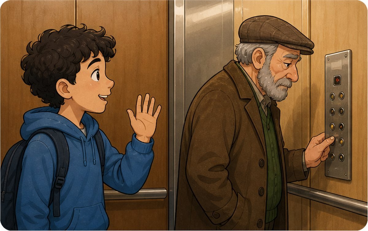 Hugo saluda al vecino en el ascensor