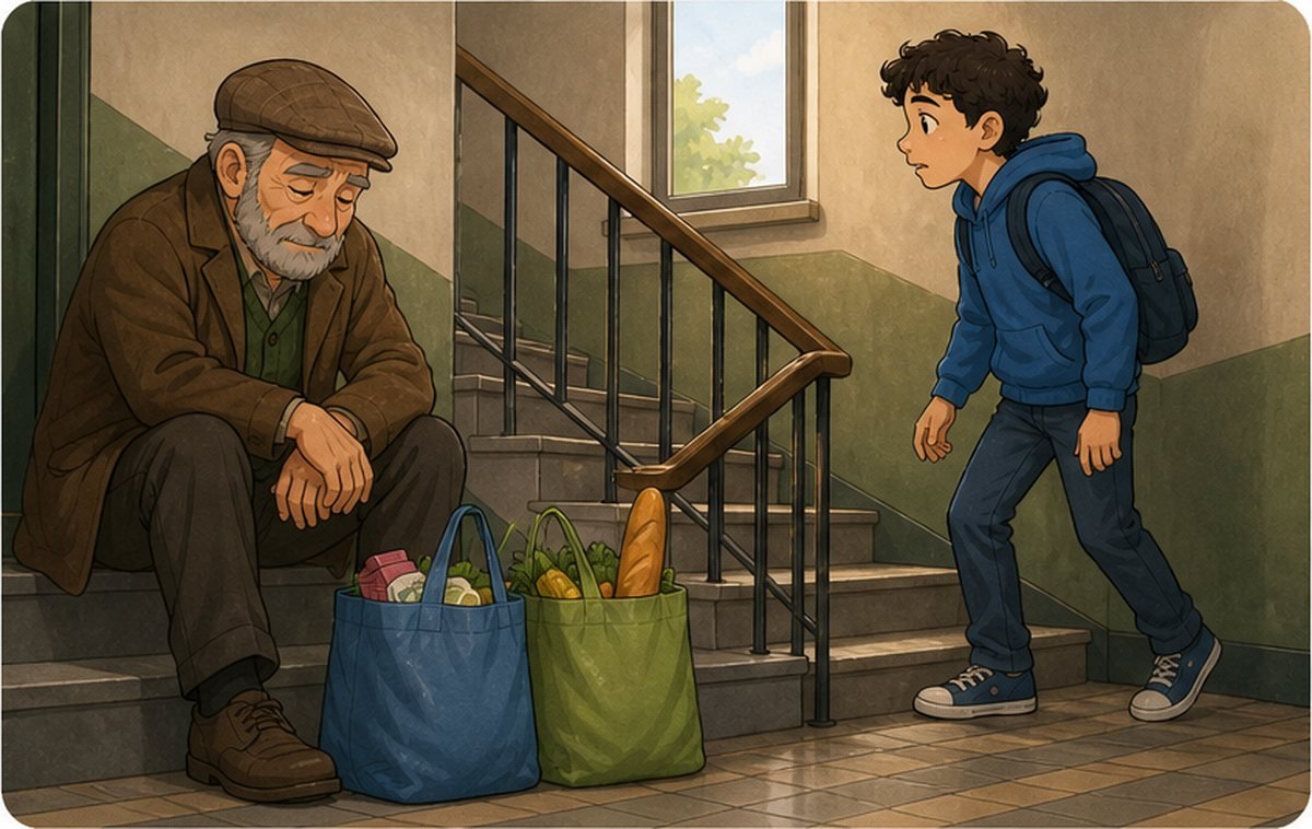 El vecino sentado en la escalera con las bolsas de la compra